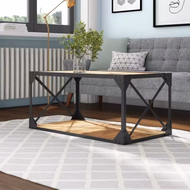 IH Design Industrial Rectangular Coffee Table with Shelf in Brown Wood and Metal