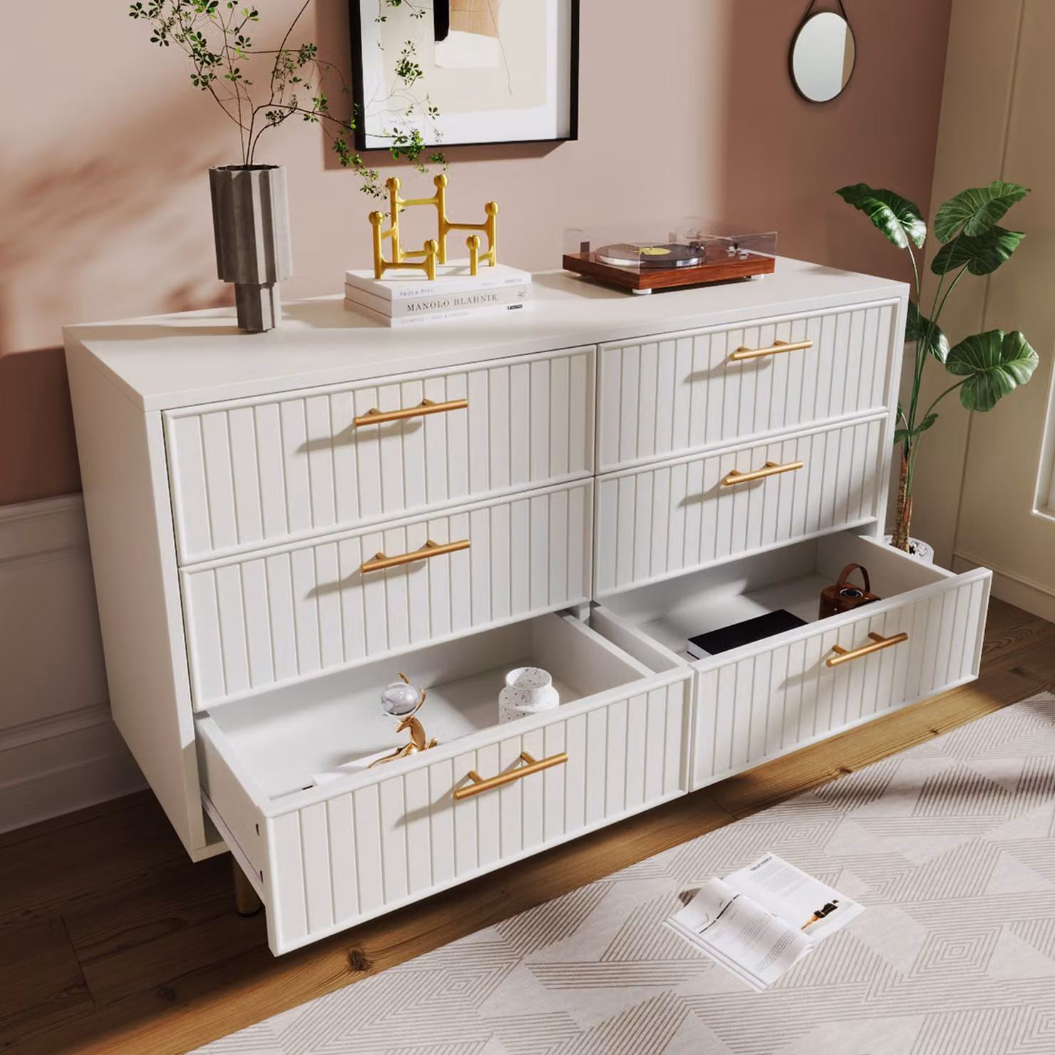 Aosom UK Modern White Sideboard Storage Cabinet with 6-Drawer Chest and Gold Decorative Handles, W/D/H: 120 x 40 x 75.5 cm – 3