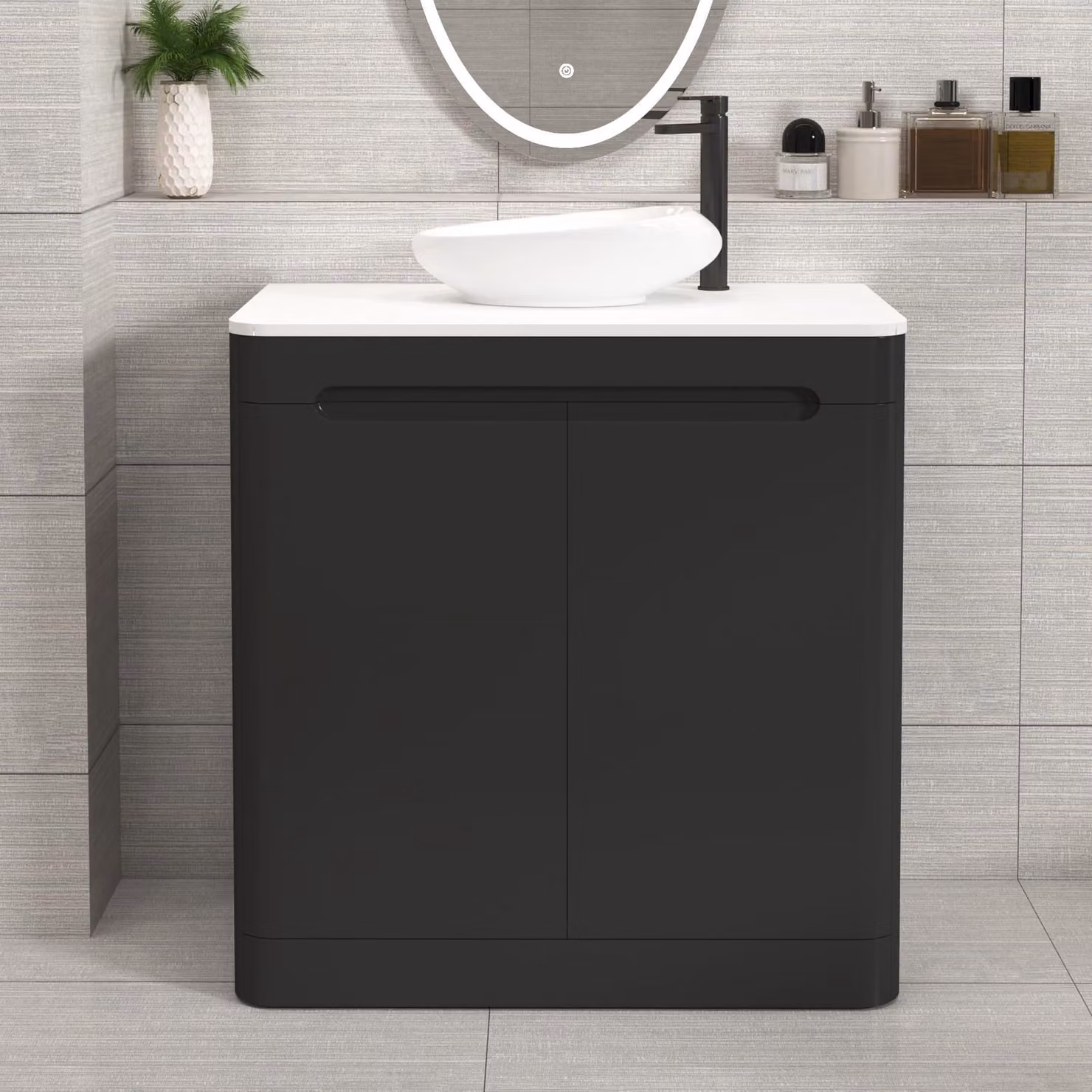 Royal Bathrooms Venice 800mm Matt Nocturne Black Floor Standing 2 Door Vanity Unit with Plain White Worktop and Nova Basin