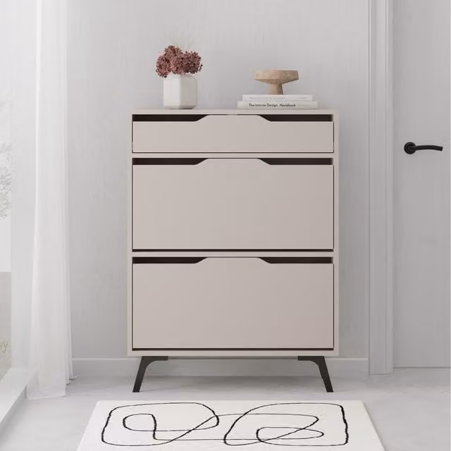 Decortie Modern Grey and White Shoe Cabinet with Tilting Compartments and Drawers