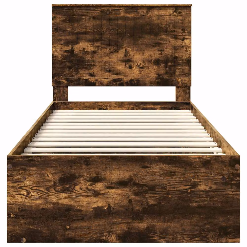 Berkfield Home Modern Bed Frame with Headboard in Smoked Oak and Brown Solid Pine Wood, W/D/H: 90 x 200 cm – 3