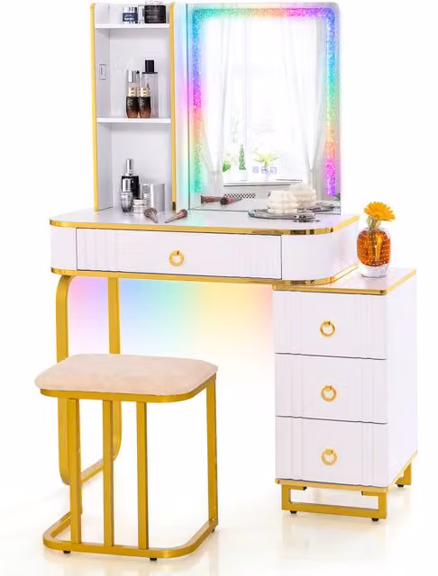 COSTWAY Modern Hollywood LED Vanity Set in White with Glossy Rectangular Mirror