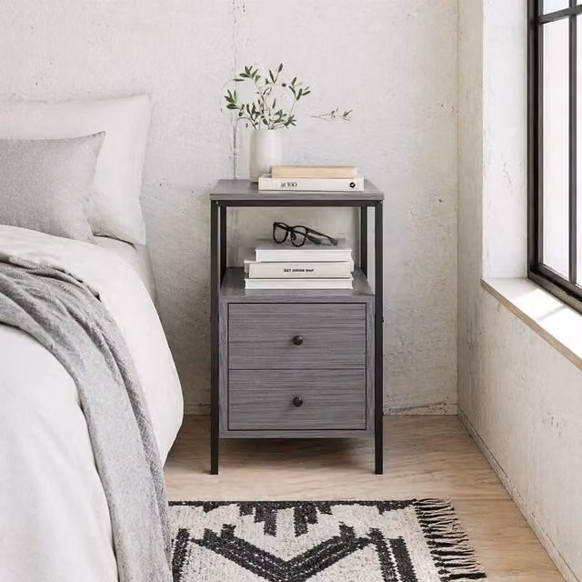 Wyld Haus Loto Narrow Bedside Table in Grey Wood Effect with 2 Drawers and Shelf – 1