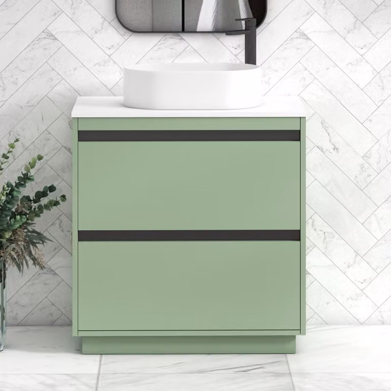 Royal Bathrooms Orion 800mm Mint Sage Floor Standing 2 Drawer Vanity Unit with Peak Basin and Black Accent Trim