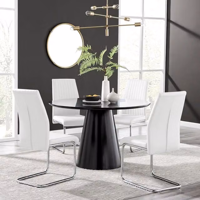 FurnitureboxUK Palma Black Semi Gloss Round Dining Table and 4 Lorenzo White Chairs