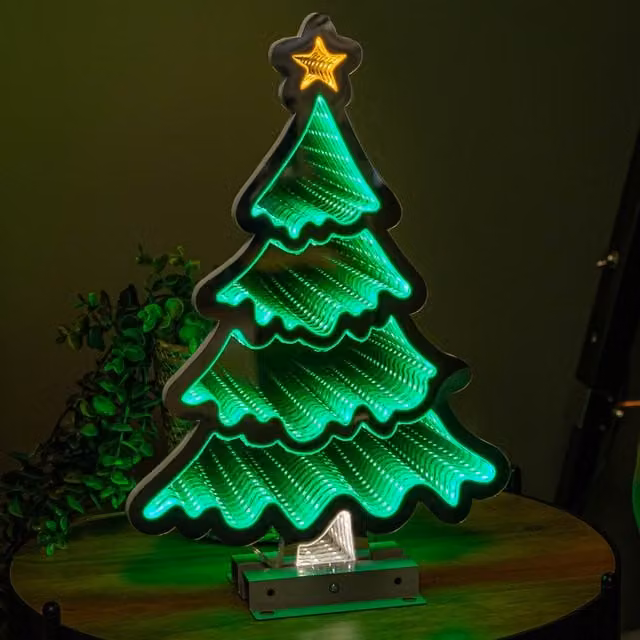 Samuel Alexander 40cm Infinity Standing Christmas Tree in Green and Gold with Metal Base and Green LEDs, H 40 cm x W 28 cm x D 6 cm