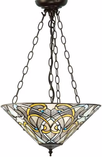 Interiors 1900 Dauphine 3 Light Inverted Ceiling Pendant in Dark Bronze with Multicolour Tiffany Glass