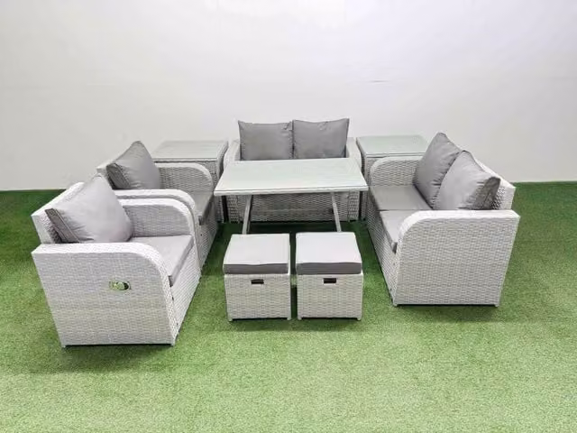 Fimous 8 Seater Rattan Garden Furniture Set with Love Sofa in Light Grey