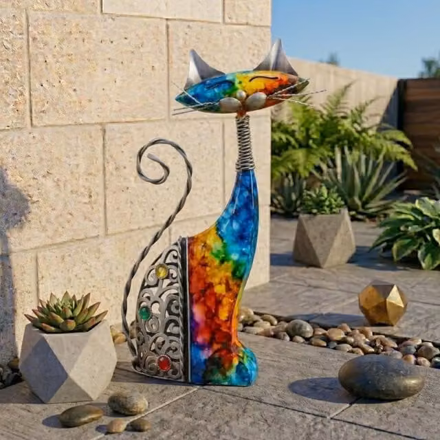 Garden Greatness Abstract Painted Cat Metal Garden Statue, Multicolour, H 32.5 x W 19.0 x D 5.5 cm
