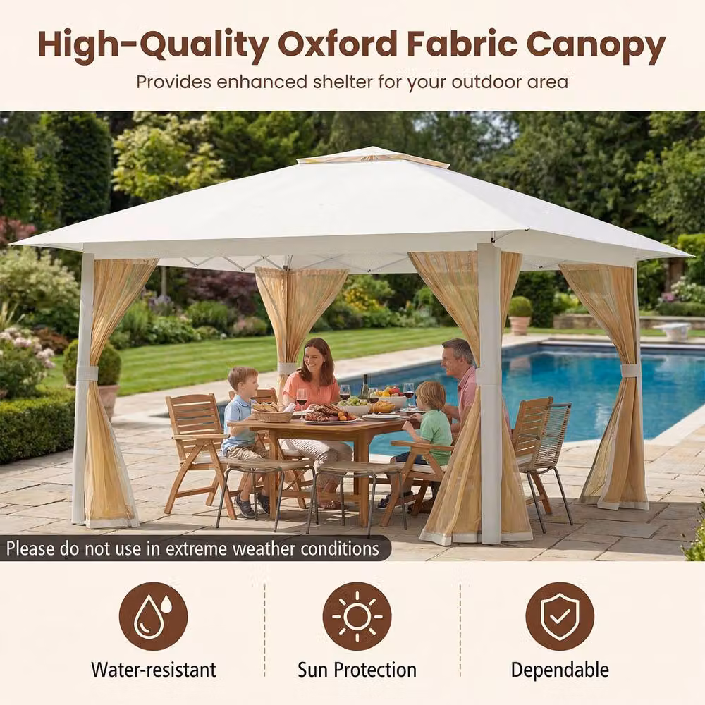 Costway Pop Up Gazebo Foldable Canopy Tent with Mesh Netting and Double Roof in Beige – 4