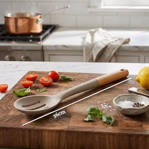 Premier Housewares Grey Silicone and Wood Slotted Skimmer Spoon, Heat-Resistant and Non-Scratch Kitchen Utensil – 2