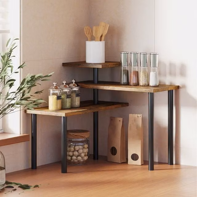 HOMCOM 3-Tier Rustic Brown Wood Kitchen Countertop Spice Rack Organizer