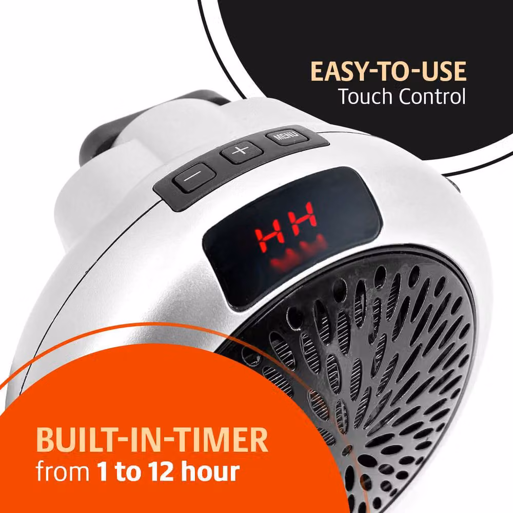 Bergstrom Mini Plug-In Fan Heater in Silver with Adjustable Thermostat and Timer – 5