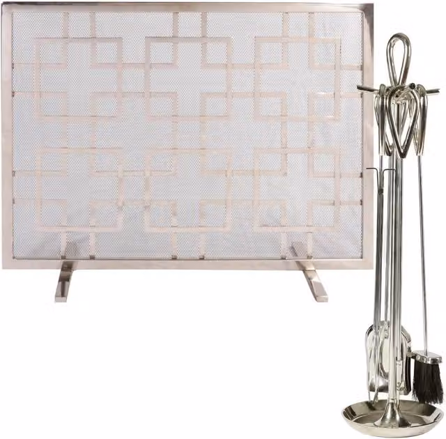 Dibor Contemporary Nickel 4pc Freestanding Fireside Companion Set with Fire Screen Guard in Silver – 1