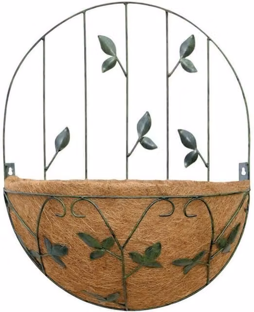 Garden Pride Black Leaf Design Hanging Basket Planter with Trellis and Coco Liner