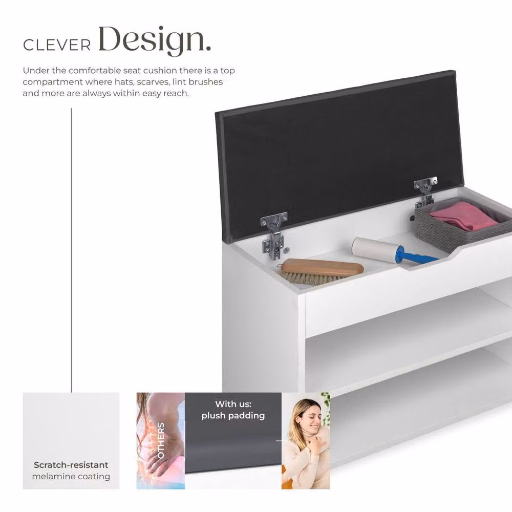tectake Shoe Bench with 2 Open Shelves and Hidden Compartment in Grey and White with Faux Leather Seat Cushion, W/D/H: 120 x 30 x 43.5 cm – 3