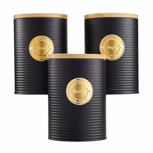 Cooks Professional 3 Piece Ribbed Tea, Coffee and Sugar Canister Set with Airtight Bamboo Lids in Black and Gold Stainless Steel – 3