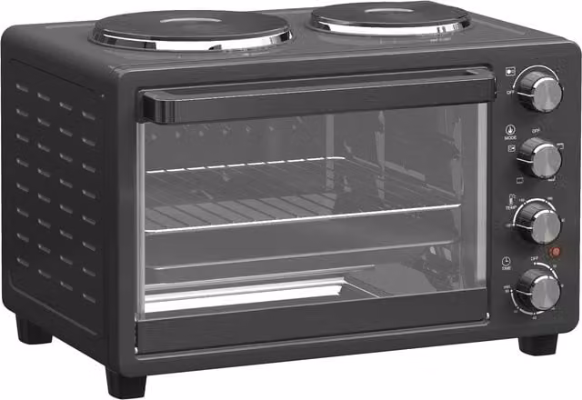 HOMCOM 28L Mini Oven with 2 Hot Plates and Grill, 2600W Countertop Toaster Oven in Black