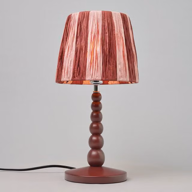 Litecraft Dolly Wooden Bobble Table Lamp with Raffia Shade in Pink