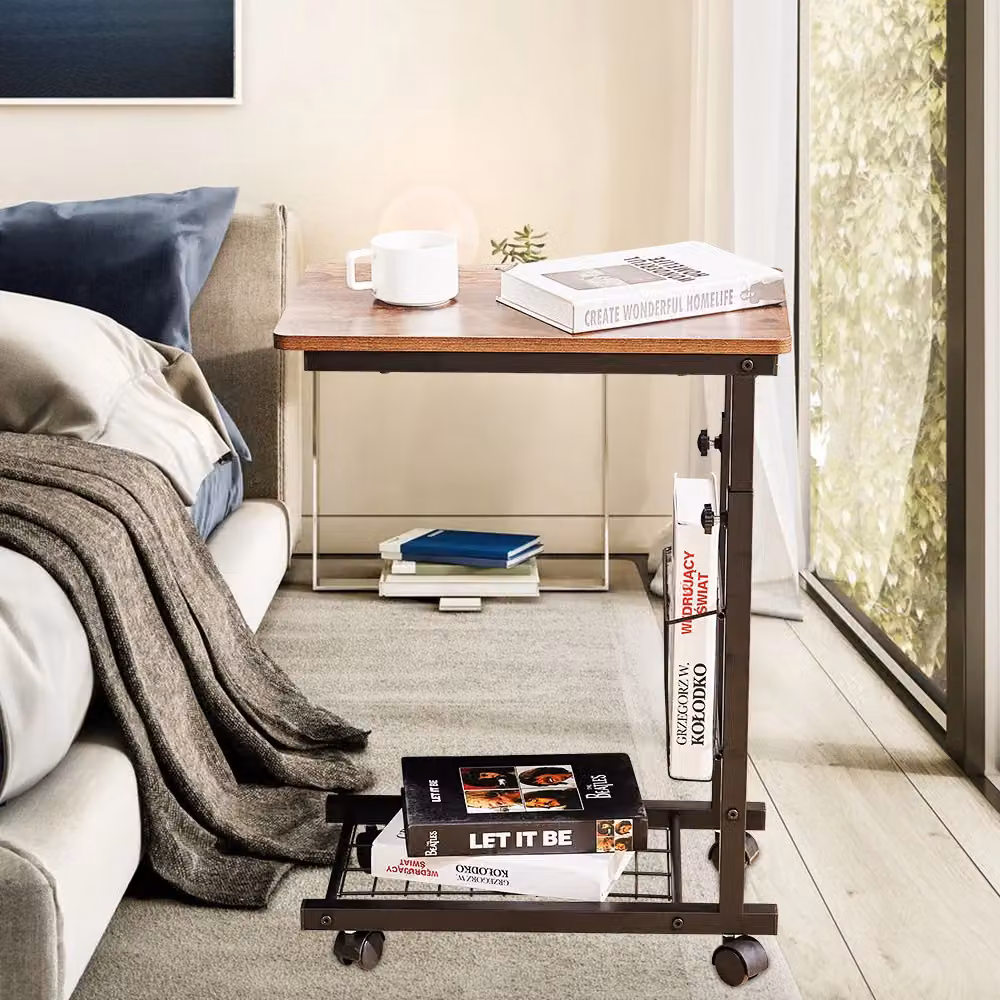Living and Home Height Adjustable Mobile Overbed Desk with Wheels in Brown – 2