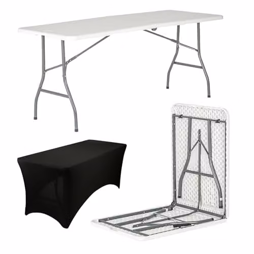 Harbour Housewares Folding Camping Picnic Table with Fitted Tablecloth, White and Black, W: 180 cm, D: 70 cm, H: 73.5 cm