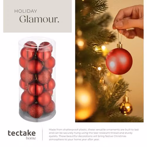 tectake 24-Pack Red Christmas Baubles with Glossy, Matt and Glittery Finishes and Golden Loops – 4