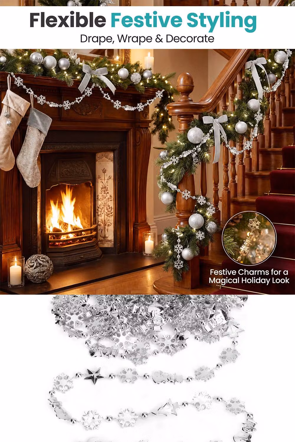 Neel Blue Christmas Bead Chain Garland with Silver Snowflake and Tree Motifs – 5