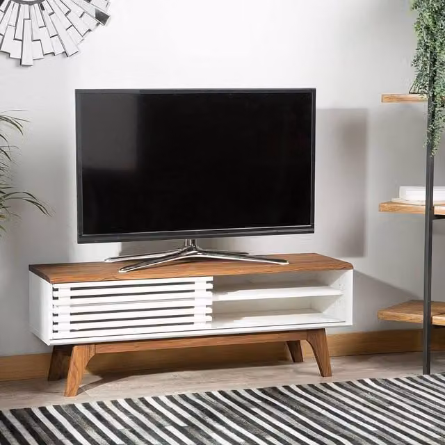 Wyld and Coco Modern TV Stand in White and Brown with 4 Shelves, W/D/H: 117 x 35 x 44 cm