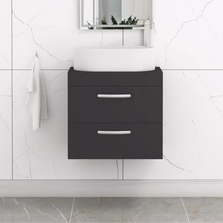 Royal Bathrooms Turin 600mm Wall Hung Vanity Unit with 2 Drawers and Countertop Basin in Matt Black