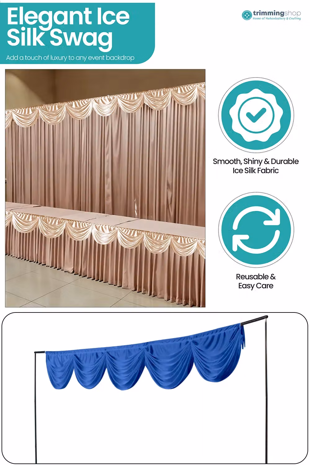 Neel Blue Ice Silk Detachable Swag Curtain Panel in Rose Gold – 2
