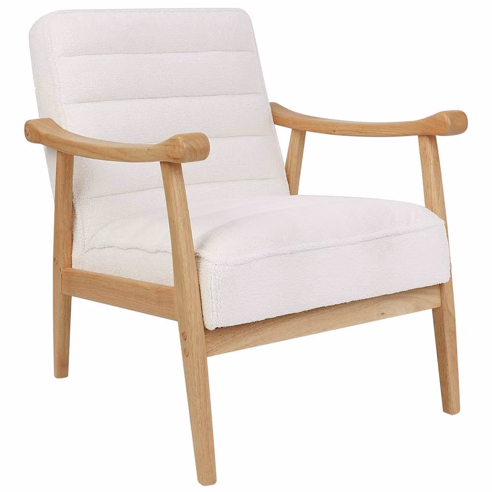 Wyld and Coco White Bouclé Retro Armchair with Rubberwood Armrests W: 62 cm, D: 74 cm, H: 79 cm – 2