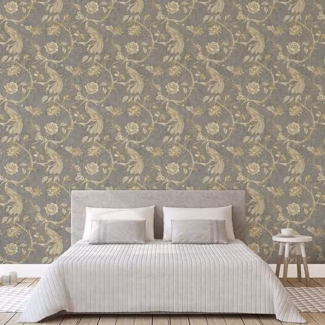 Grandeco Paradise Birds Charcoal Wallpaper in Anthracite Grey