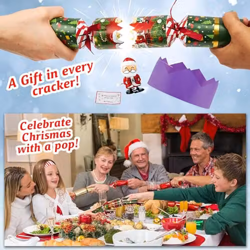 KreativeKraft Luxury Pop Christmas Crackers, Pack of 6 Multicolour Deluxe Xmas Crackers with Wind Up Toys – 6