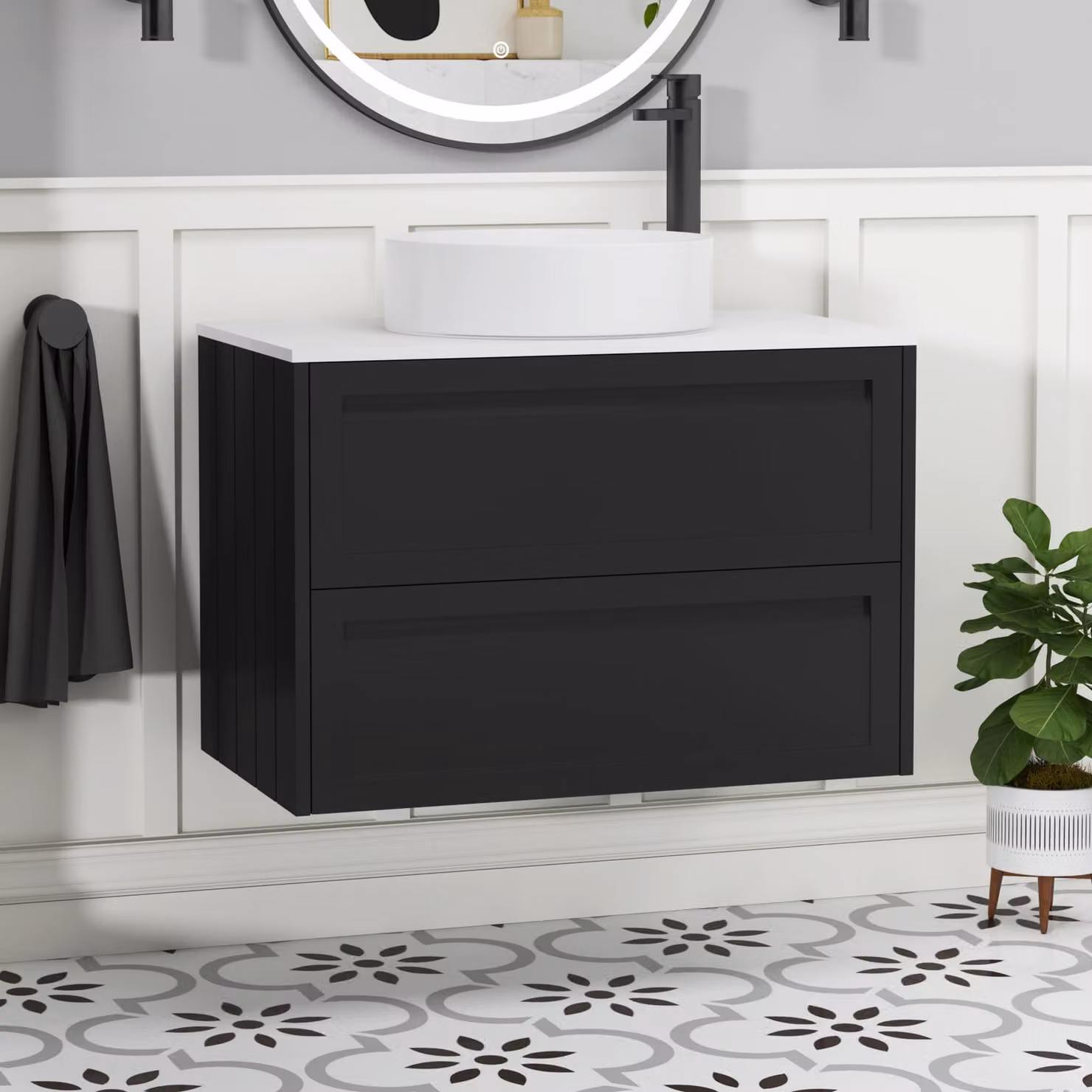 Royal Bathrooms Elmore 800mm Wall Hung Vanity Unit in Matt Nocturne Black with 2 Drawers, Plain White Worktop and Art Basin