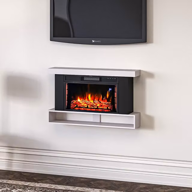 Livingandhome Modern Freestanding Electric Fireplace with Mantel in White and Black