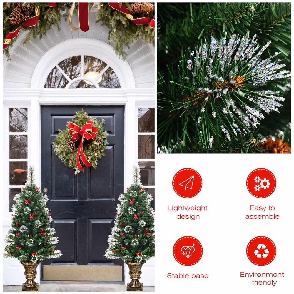 Gymax 120 cm Artificial Christmas Tree in Green and Red with Glittered Branches and Pine Cones – 6