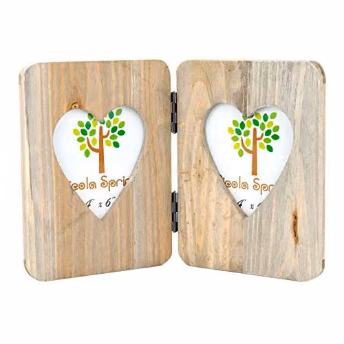 Nicola Spring Rustic Heart Shaped Folding 2-Photo Frame in Brown Wood and Metal, Fits 10 x 15 cm