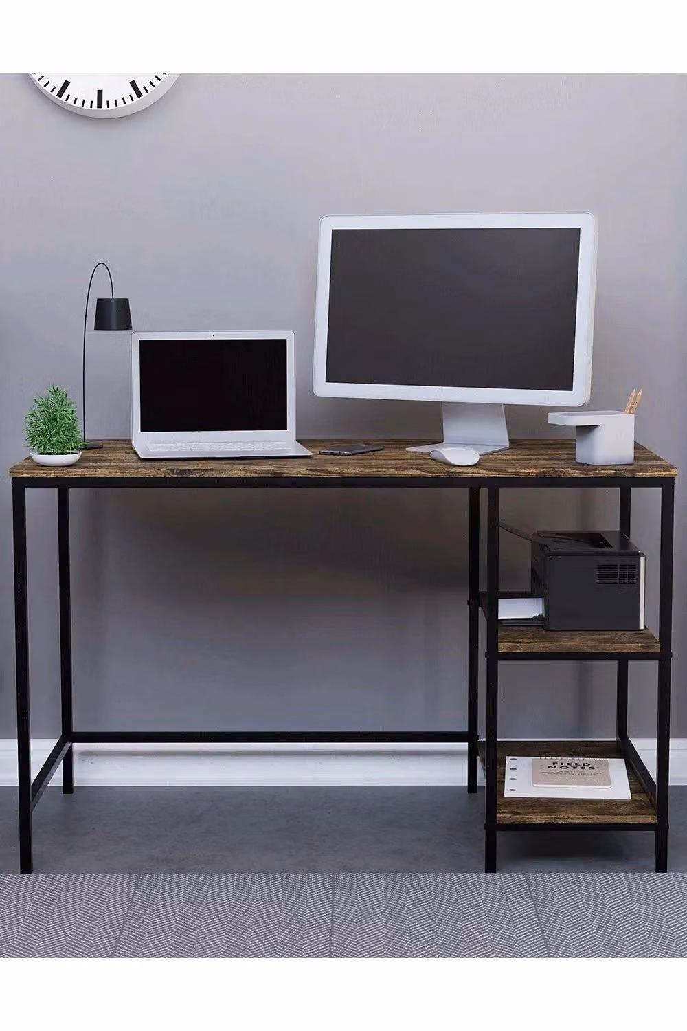 Vida Designs Brooklyn Industrial Computer Desk with 2 Shelves in Brown – 3