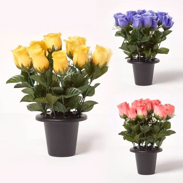 Homescapes Set of 3 Artificial Rosebuds with Gypsohila in Black Grave Vase - Pink, Purple and Yellow