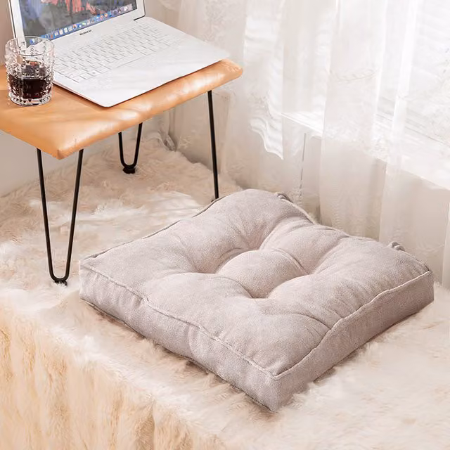 Komore Square Velvet Seat Cushion in Beige and White