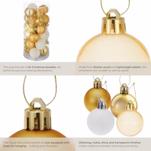 tectake 24-Pack Christmas Baubles in White and Gold with Glossy, Matt, Glittery and Transparent Finishes – 5