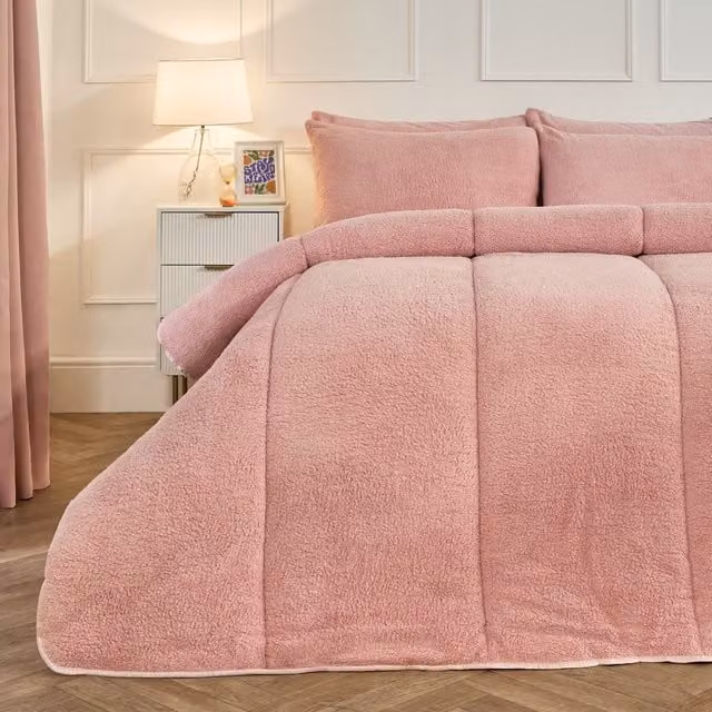 OHS Teddy Fleece 10.5 TOG Coverless Duvet and Pillowcase Bedding Set, Light Pink, King Size