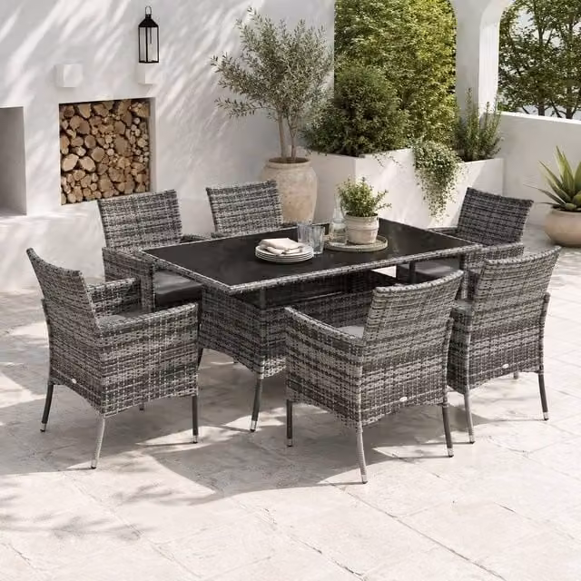 STILVORA 6-Seater Modern Dining Set with Grey Rattan and Metal Frame – 1