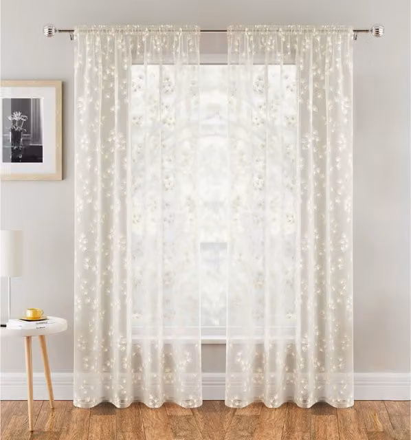 Tyrone Textiles Pair of Floral Print Sheer Linen Look Voile Curtain Panels in Yellow and White, Height: 183 cm