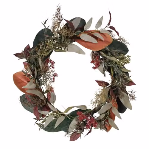 Lights4fun 40cm Artificial Autumn Winter Wreath with Faux Eucalyptus Leaves and 50 Multicolour White LED Micro Lights – 2
