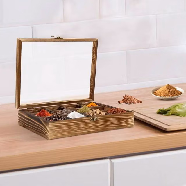 EONLION Solid Wood Spice Box in Brown with 12 Containers and Loose Lid, Width: 50 cm – 1