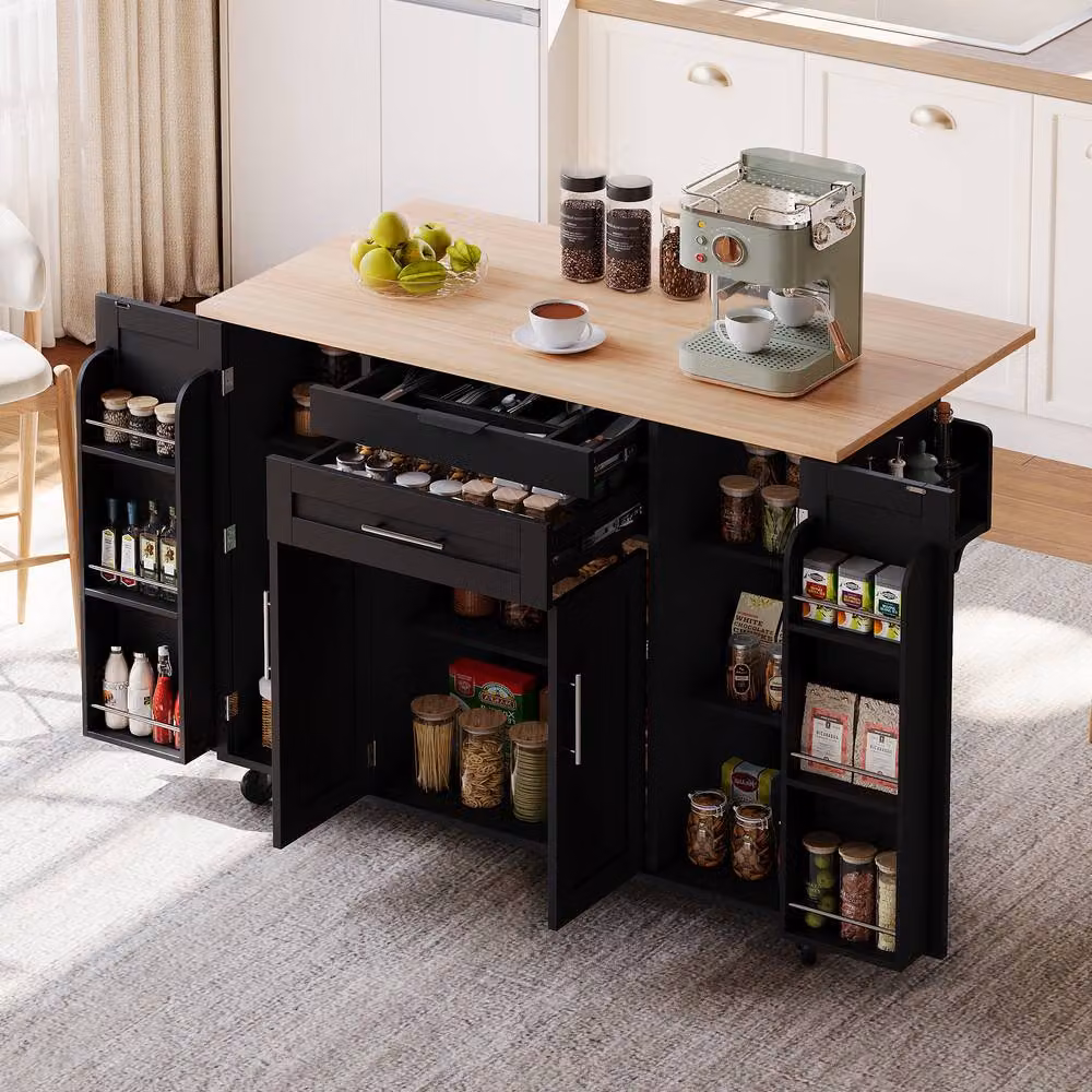 Merax Rolling Kitchen Island Trolley with Foldable Worktop in Black, W/D/H: 120 x 45 x 92 cm – 2
