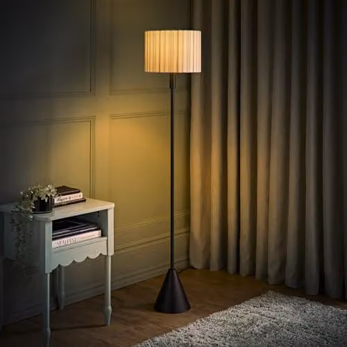 ValueLights Mitch Linen Stripe Triangle Floor Lamp in Dark Walnut Wood with LED Bulb, Beige and Brown – 2