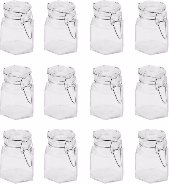 Maison & White Set of 12 Transparent Glass Hexagonal Spice Jars with Clip Lids