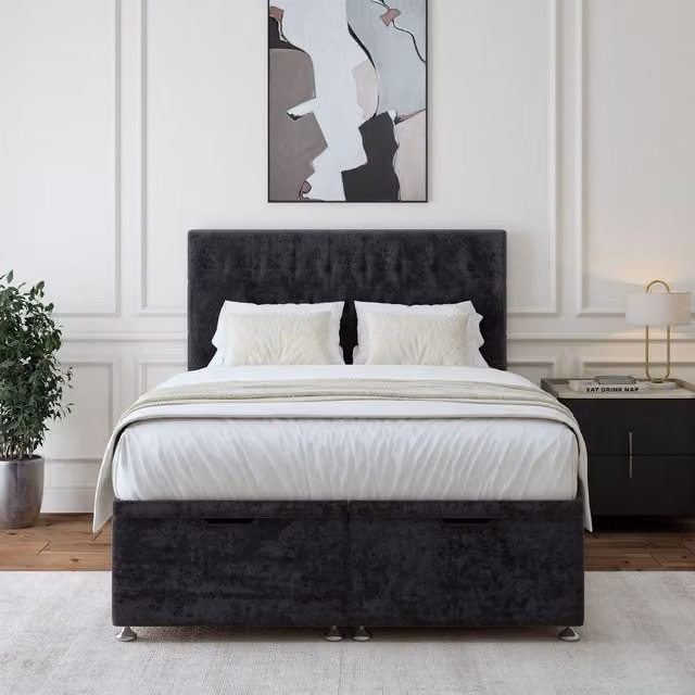 Bedmaster Luxury Velvet Ottoman Divan Base and Button Headboard in Black, W/D/H: 200 x 200 cm